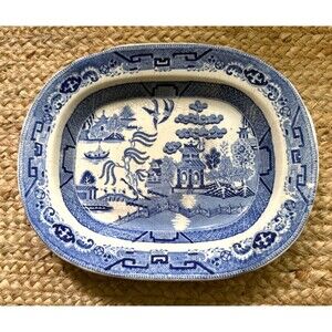 Antique English Blue Willow Oval Platter 13" Chinoiserie Transferware Unmarked